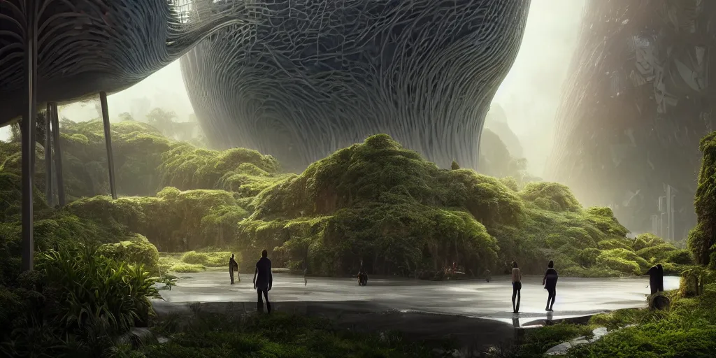 Prompt: garden of eden, by tim blandin and arthur haas and bruce pennington and john schoenherr, big windows architecture by zaha hadid, octane render, warm colour scheme, white, cinematic, scenery, cgsociety, modernism, futuristic, trending on artstation, sci - fi, high detail, high quality, close up angle, people walking