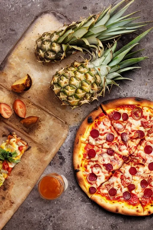 Prompt: pizza covering a pineapple