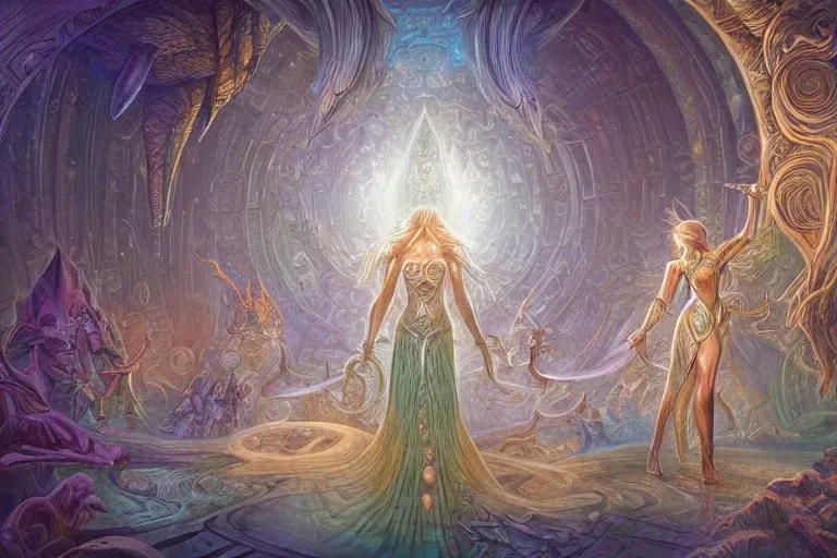 Prompt: delicate award winning mtg illustration by terese nielsen of a large group of people entering the glowing doorway of a massive vulva - shaped temple constructed of carved iridescent pearls and house - sized crystals of impossible architecture floating in the astral plane, trending on cgsociety.