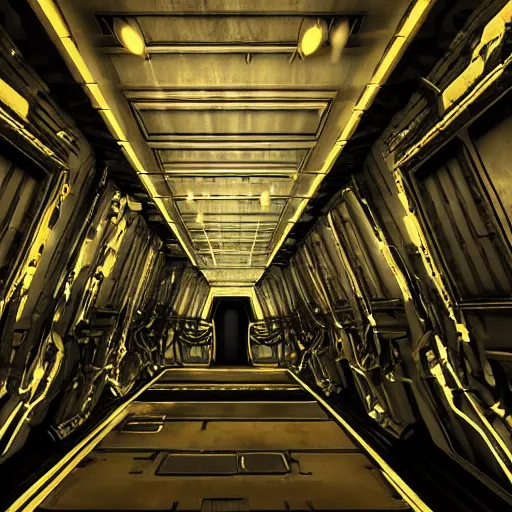 Image similar to a dark sci - fi scene of a spacecraft interior, corridor, rows of doors, sparks from ceiling lights in the style of dead space, cinematic,