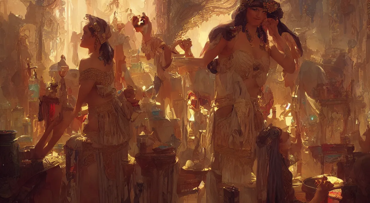 Image similar to bazaar zouk old egypt sky shine digital painting, artstation, concept art, illustration, cinematic lighting, art by artgerm and greg rutkowski and alphonse mucha