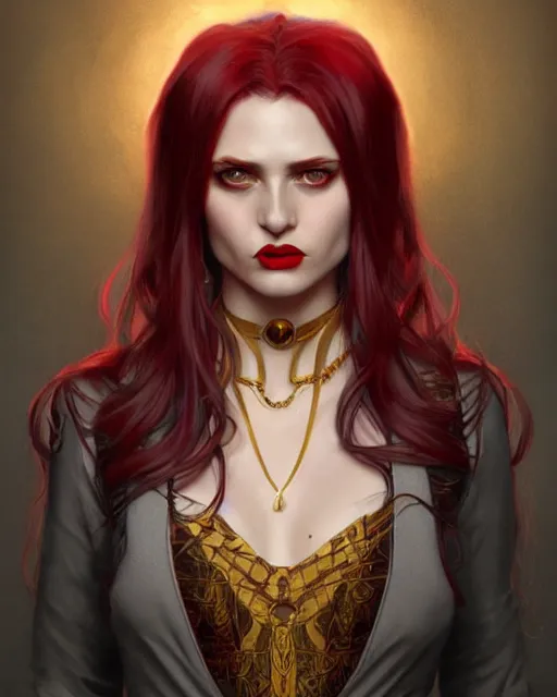 Image similar to female queen vampire, perfect face, gold waistcoat, red shirt, long grey hair, red necktie, cinematic, stunning, highly detailed, digital painting, artstation, smooth, hard focus, illustration, art by artgerm and greg rutkowski and alphonse mucha