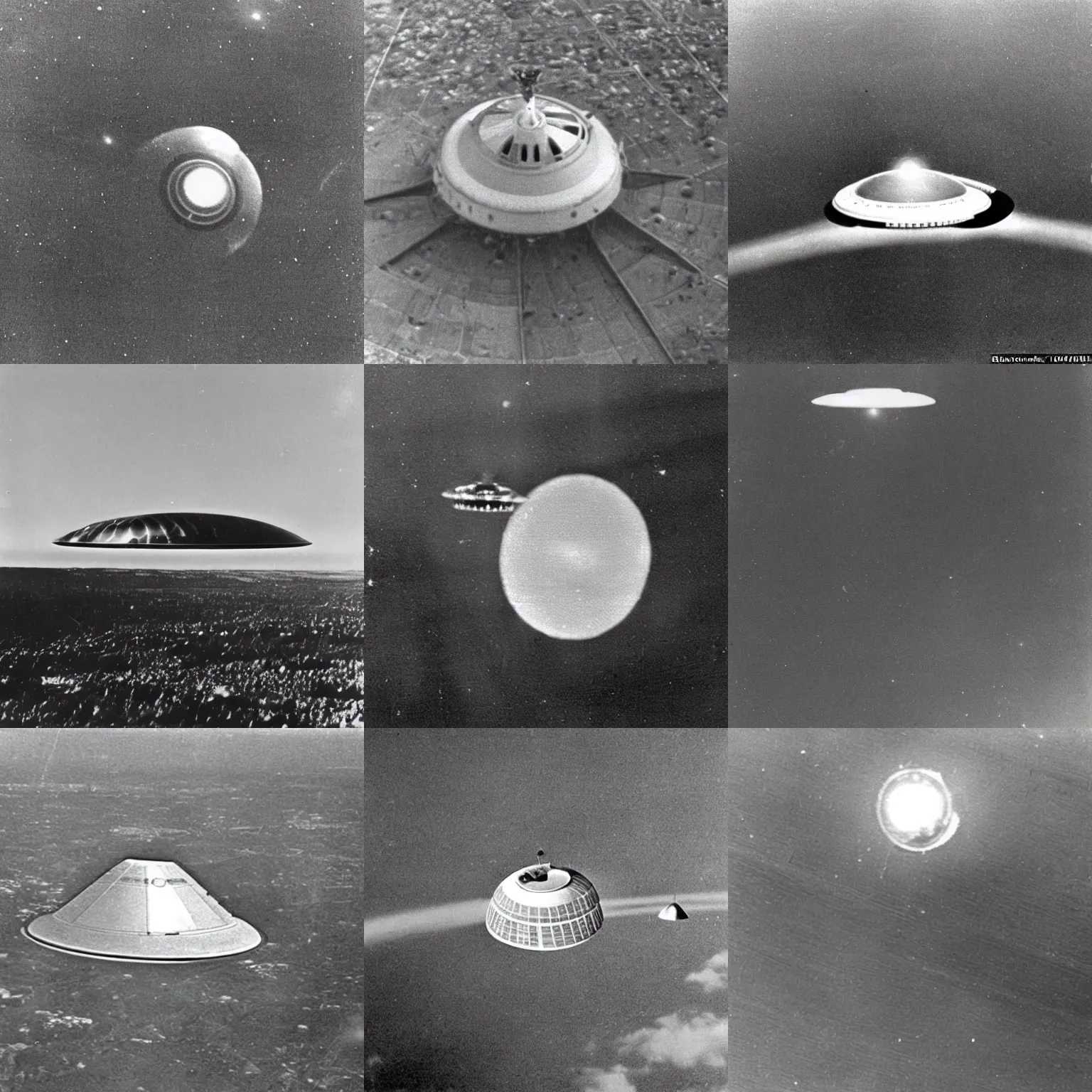 Prompt: 1960s photographic evidence of very small alien spaceship seen from the ground, far up in the sky