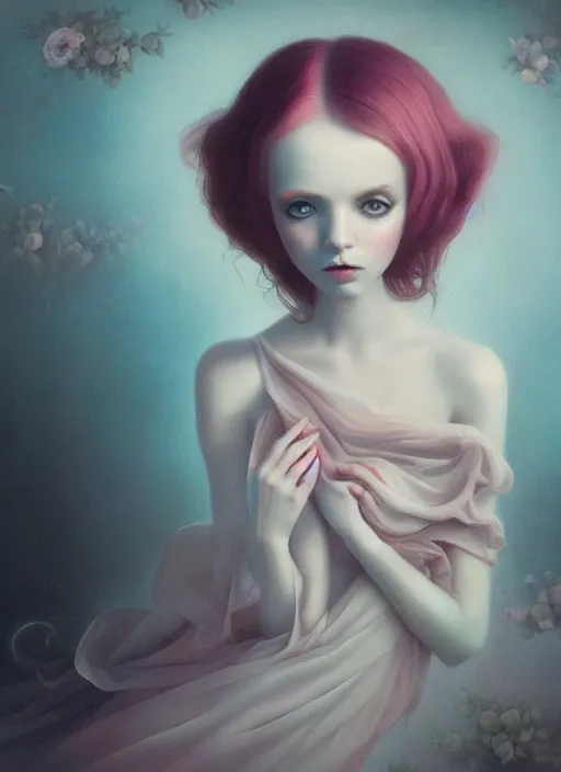 Image similar to pop surrealism, lowbrow art, realistic cute seductive female painting, romantic transparent gown, hyper realism, muted colours, rococo, natalie shau tom bagshaw, mark ryden, trevor brown style,