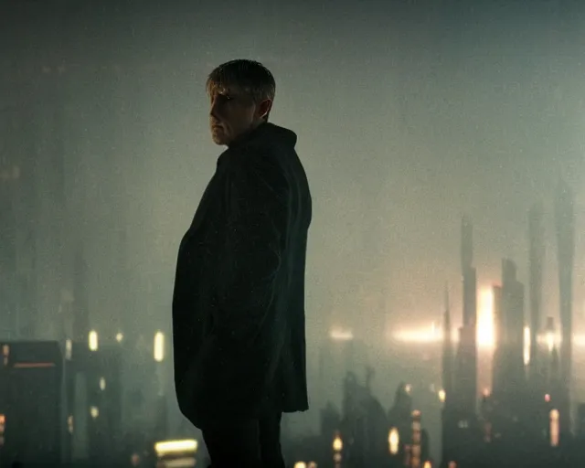 Image similar to 2 0 1 8 blade runner movie still man looking at the cityscape from roof, neon, back of body and head