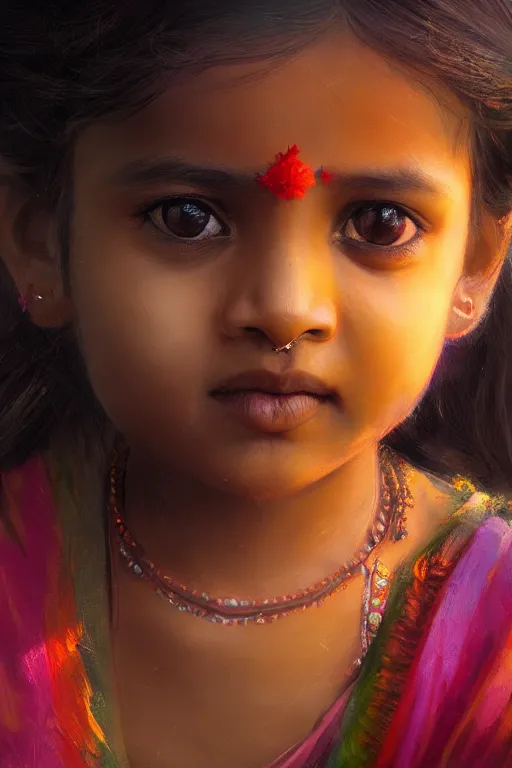 Image similar to hindu little girl, joyful, close - up portrait, intricate, elegant, volumetric lighting, scenery, digital painting, highly detailed, artstation, sharp focus, illustration, concept art, ruan jia, steve mccurry