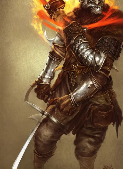 Image similar to photorealistic bugbear ranger holding sword on fire, magic, black beard, dungeons and dragons, pathfinder, roleplaying game art, hunters gear, jeweled ornate leather and steel armour, concept art, character design on white background, by sargent, norman rockwell, makoto shinkai, kim jung giu, artstation trending, poster art, colours red