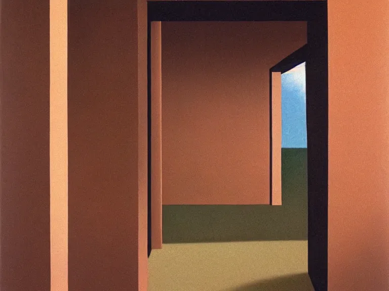 Prompt: an open door to nothingness in brick wall with endless hallway inside, painting by rene magritte, high detail, high resolution