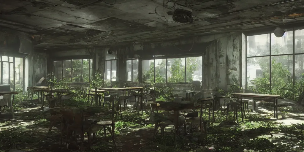 Prompt: interior, abandoned diner, photorealistic, vegetation, overgrowth, cinematic lighting, global illumination, unreal engine 5, screenshot from the last of us part 2