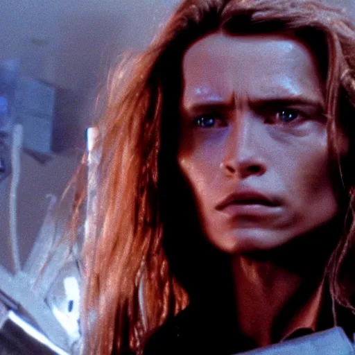 Prompt: long haired cyborg with damaged face. Cinematic lighting. Still from Terminator 2 ending scene