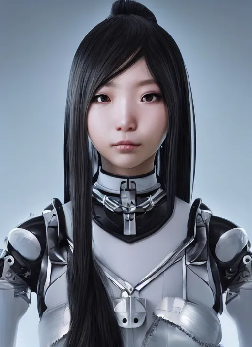 Image similar to “ a hyper realistic character concept art of a japanese cyborg maid girl, twintail hair, frontal angle, rendered in unreal engine, trending in artstation, cgsociety, artgerm, highly detailed, cinematic, volumetrics ”