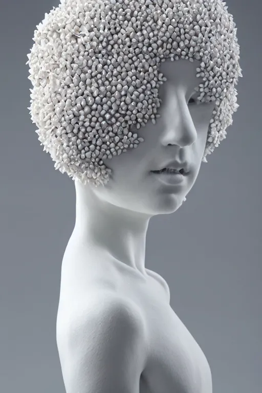 Image similar to full head and shoulders, beautiful female porcelain sculpture by daniel arsham and james jean, smooth, all white features on a white background, delicate facial features, white eyes, white lashes, detailed white 3 d giant hydrangeas, poppies, lilacs on the head