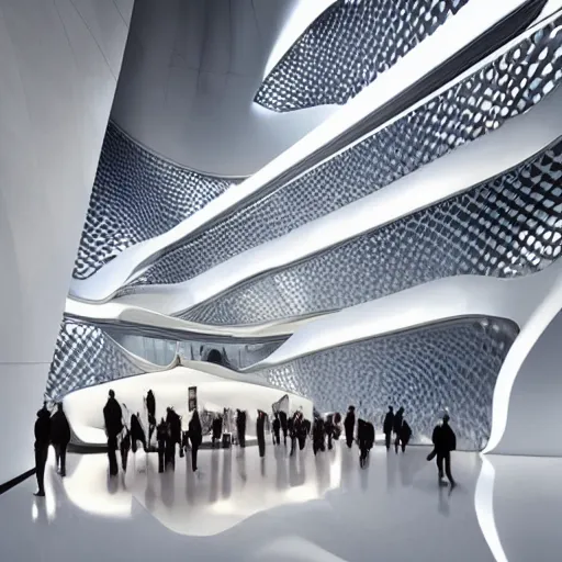 Prompt: extremely elegant detailed stunning beautiful futuristic museum vertical lobby interior by Zaha Hadid