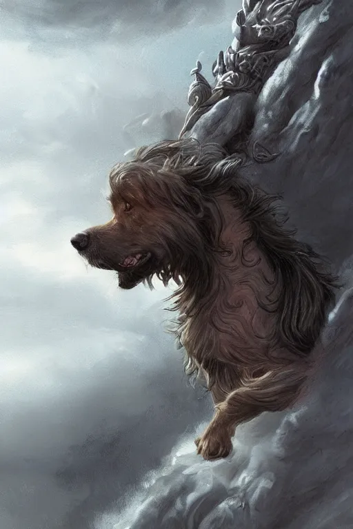 Image similar to Dog as a god, detailed face, gorgeous, amazing, flowing hair, very muscular male body, partial anatomy, stormy background, caesar victorious, proud Emperor, crepuscular ray, intricate, highly detailed, 8K, digital painting, fantasy, artstation, concept art, sharp focus, over-shoulder shot, illustration, art by greg rutkowski beeple and alphonse mucha