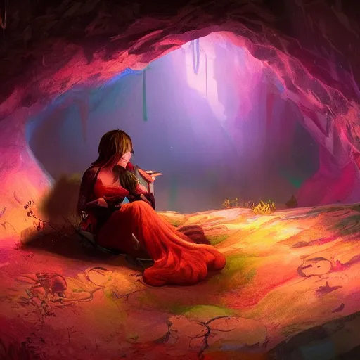 Prompt: man lost in dark cave talking to beautiful magical woman, vibrant color scheme, intricately detailed, in the style of realism, cinematic, artstation,