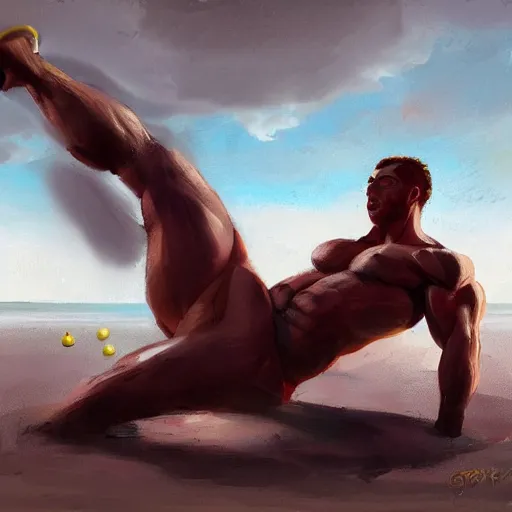 Prompt: lemon fruit as a extremely muscular man lying on a beach trending on artstation, painted by greg rutkowski