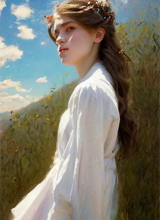 Image similar to portrait of girl dressed in white clothes , countryside, fantasy character portrait, dynamic pose, above view, view from above, sunny day, thunder clouds in the sky, artwork by Jeremy Lipkin and Giuseppe Dangelico Pino and Michael Garmash and rob rey, very coherent symmetrical artwork, perfect face, simple form, 100mm