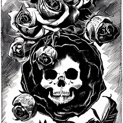 Prompt: Roses growing out of a skull. Centered, Dark Fantasy, Film Noir, Black and White. High Contrast, Mike Mignola, D&D, OSR