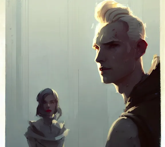 Image similar to portrait of cullen in the throne room atey ghailan, by greg rutkowski, by greg tocchini, by james gilleard, by joe fenton, by kaethe butcher, by ashley wood, dynamic lighting, gradient light blue, brown, blonde cream and white color scheme, grunge aesthetic