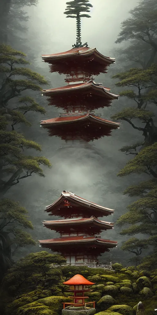 Prompt: japanese style shrine on top of a misty mountain overgrown by glowing mushrooms, hyper realistic, lush gnarly plants, 8 k, denoised, by greg rutkowski, tom bagshaw, james gurney cinematic lighting