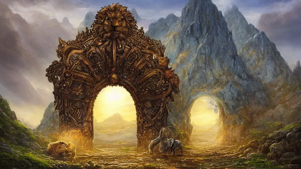 Image similar to A giant medieval fantasy blue energy portal gate with a rusty gold carved lion face at the center of it, the portal takes you to another world, full of colorful flowers on the lost Vibes and mountains in the background, spring, delicate fog, sea breeze rises in the air, by andreas rocha and john howe, and Martin Johnson Heade, featured on artstation, featured on behance, golden ratio, ultrawide angle, f32, well composed, rule of thirds, center spotlight, low angle view