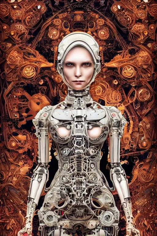 Prompt: a beautiful mechanized feminine android, westworld, photorealistic, intricate detail, elaborate machinery, clockwork, torn tapestry, swirling smoke, ember particles, regal design, royal relief