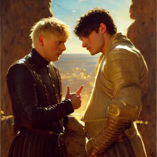 Image similar to manly arthur pendragon and manly merlin. focus on their faces. natural lighting. highly detailed painting by gaston bussiere, j. c. leyendecker, greg rutkowski 8 k