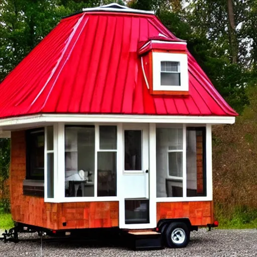 Image similar to a tiny house in a white and red mushroom