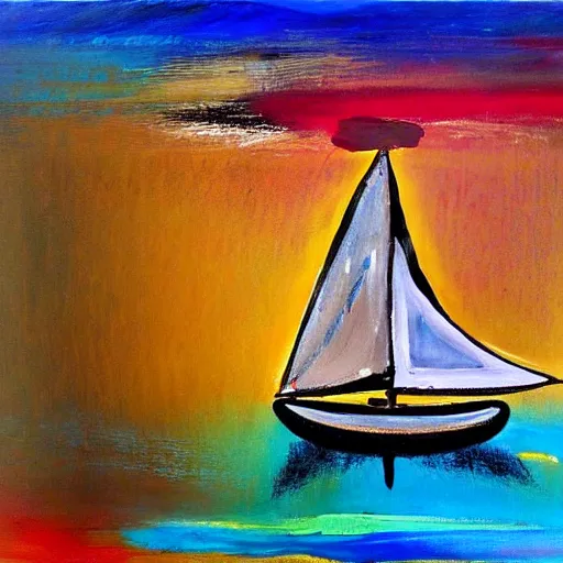 Image similar to a painting of a sailboat floating on a body of water, an abstract painting by ted degrazia, reddit contest winner, lyrical abstraction, mixed media, acrylic art, oil on canvas