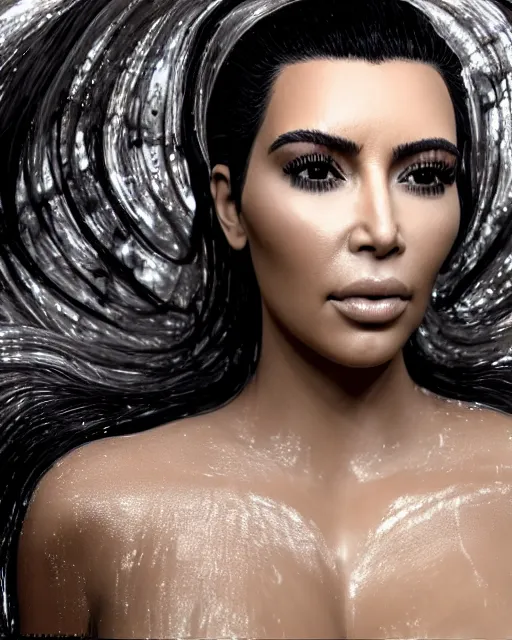 Image similar to epic full - pov - shot still of kim kardashian unconscious wearing a black lace dress in a transparent alien liquid, wet flowing hair, gooey skin, illustration, unreal engine 5, 8 k, made by h. r. giger.