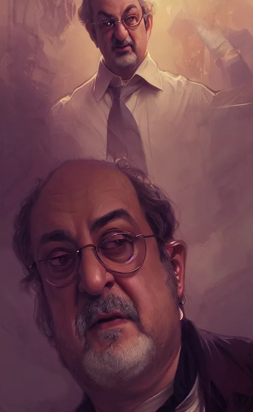 Image similar to portrait of salman rushdie, deep focus, d & d, fantasy, intricate, elegant, highly detailed, digital painting, artstation, concept art, matte, sharp focus, illustration, art by artgerm and greg rutkowski and alphonse mucha