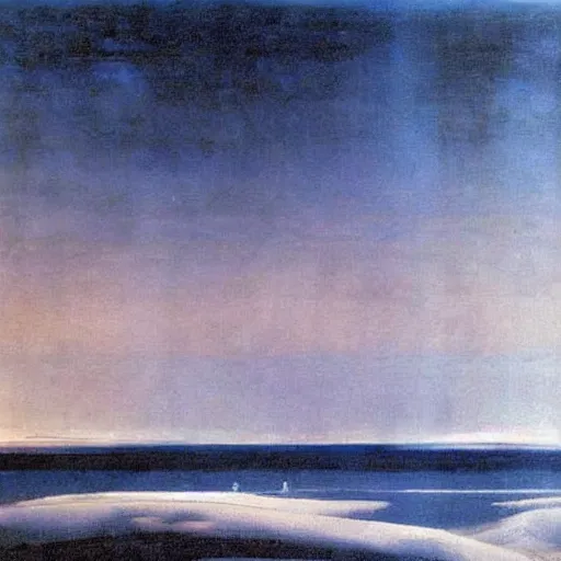 Image similar to the epic abstract painting'blue arctic void with black and red aurora borealis above a tiny inuit village ', by caspar david friedrich!!!, by rothko!!!, stunning masterpiece, trending on artstation