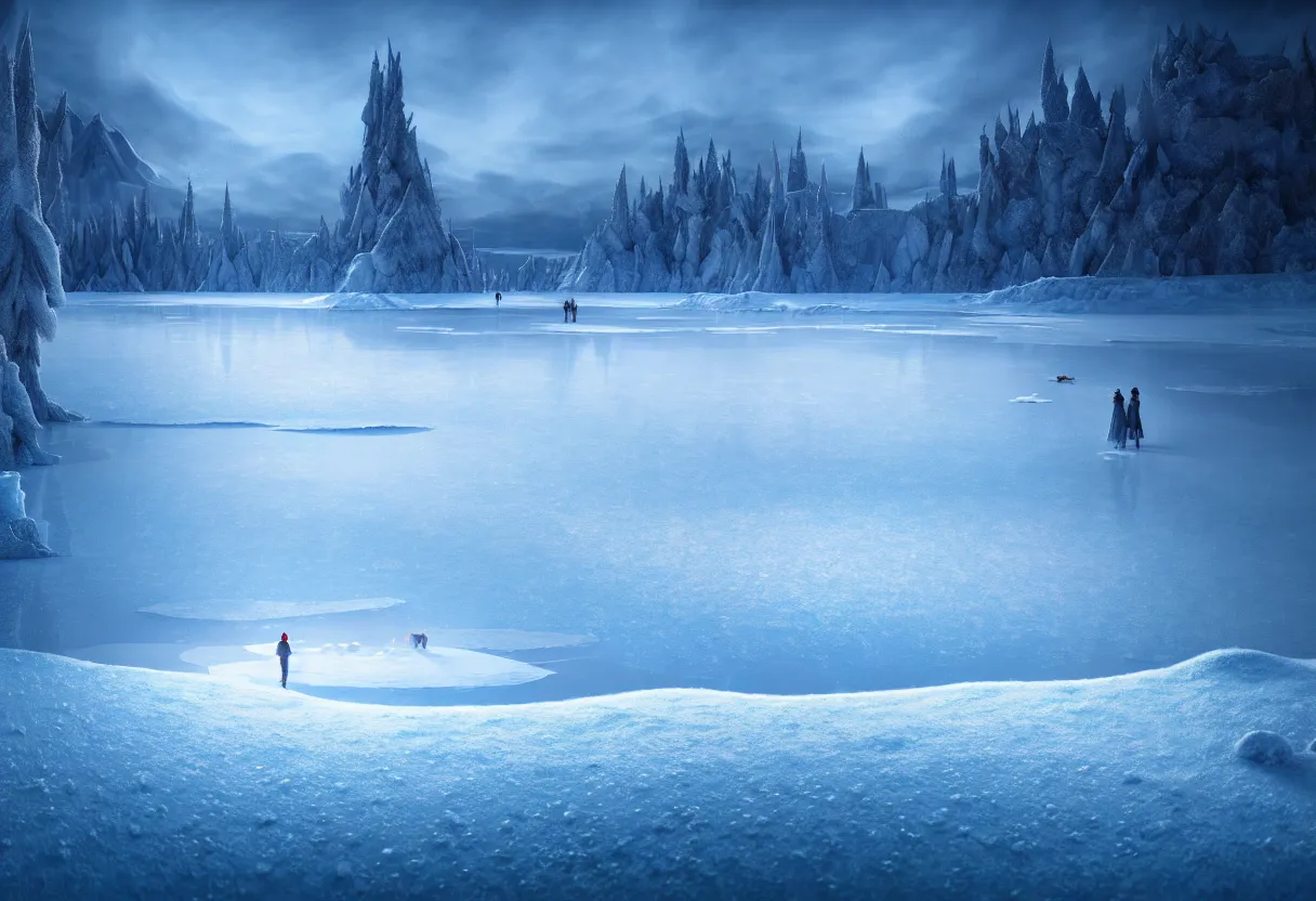 Image similar to inside of frozen lake winter landscape of human mind and imagination, matte painting, beautiful render, octane render, concept art