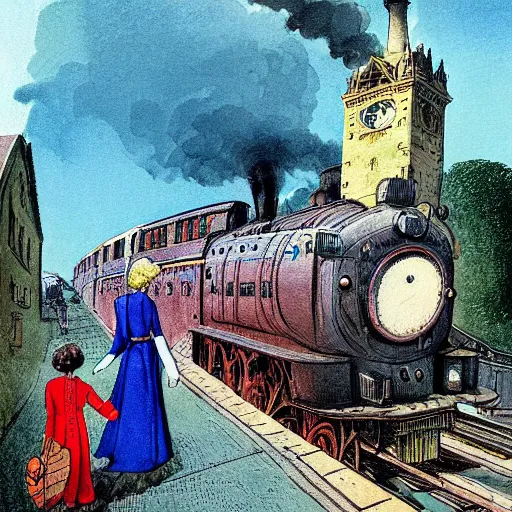 Prompt: a mother is waving her children off as a steam departs from an 18th centaury train station in England. Bright colours, illustrated in the style of François Schuiten, highly detailed, matte painting, illustration, concept art, cinematography