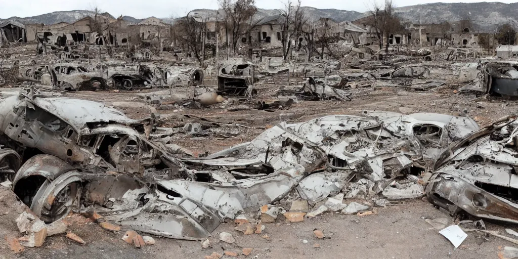 Prompt: A wide angle photo of destroyed town with tank's wreckles