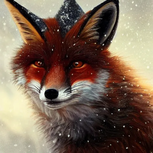 Image similar to a furious fox wizard, snowy background, oil on canvas, intricate, portrait, 8k highly professionally detailed, HDR, wizard hat, CGsociety