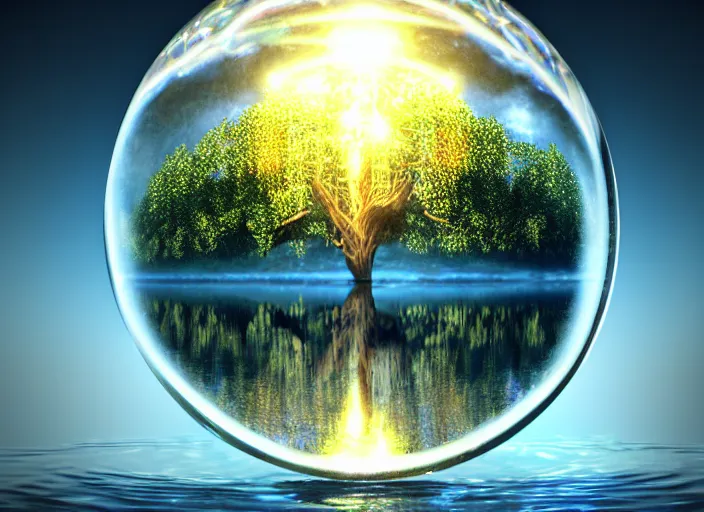 Image similar to glowing transparent crystal ball on a beautiful lake, radiant light, tree of life inside the ball, intricate details, reflections on the water, ripples, moody sky, hyperdetailed illustration by mark brooks, by yuumei, unreal engine 5, low light