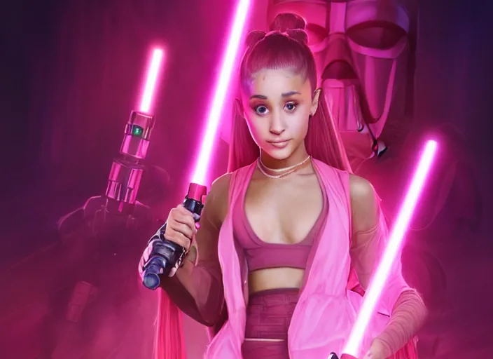 Image similar to An extremely detailed photo of Ariana Grande in the Star Wars universe with two pink lightsabers held in each hand. Maximum detail on artstation, photo realism, vivd details, vivd colour, volumetric lighting. anime art style