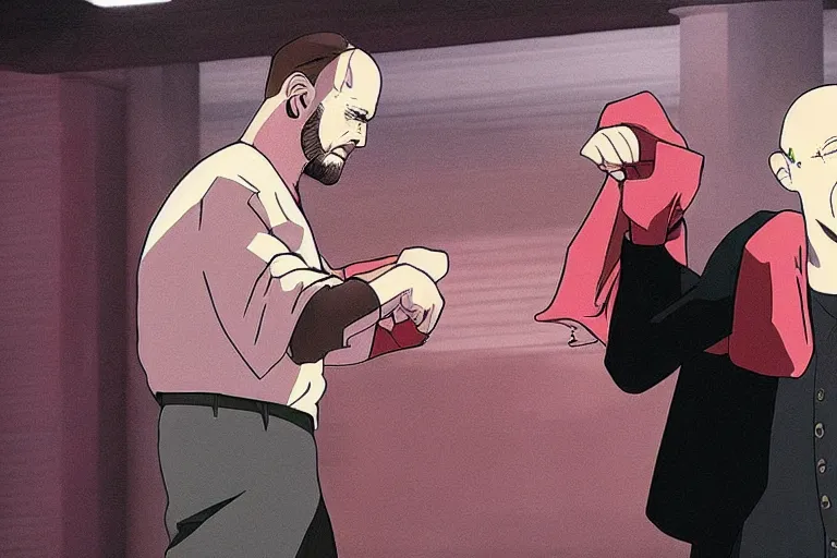 Image similar to Walter White fighting Jesse Pinkman in an anime