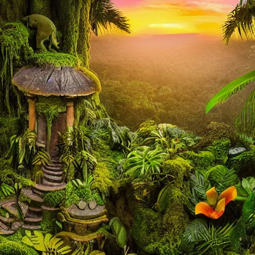 Image similar to a jungle temple surrounded by moss and tropical flowers, with a sunset, by alex horley, bokeh photography, flowerpunk