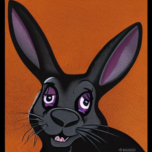 Image similar to A extremely highly detailed majestic hi-res beautiful, highly detailed head and shoulders portrait of a scary terrifying, horrifying, creepy black cartoon rabbit with scary big eyes, earing a shirt laughing, hey buddy, let's be friends, in the style of Walt Disney