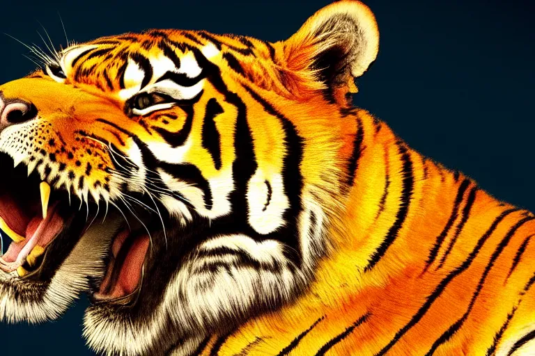 Prompt: An extremely bright studio photograph of a snarling tiger in the style of Salvador Dali, high-quality, professional, dramatic lighting, extremely high detail, trending on artstation