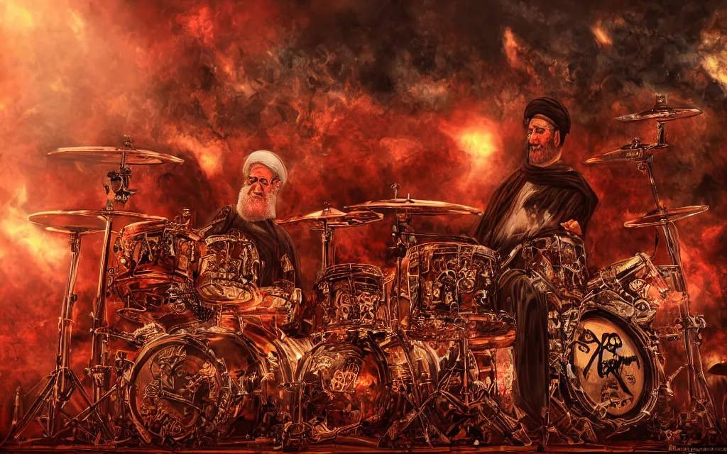 Prompt: khamenei playing drums in heavy metal band in hell hanged bodies in horizon, high definition, trending on artstation, unreal engine, photorealistic, high resolution,, trending on deviantart, hdr, hyper detailed, insane details, intricate, elite, ornate, elegant, luxury, dramatic lighting