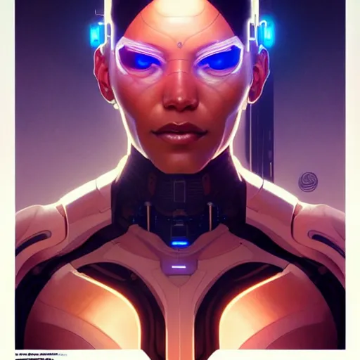 Prompt: cyborg, female, science fiction, portrait, highly detailed, digital painting, beautiful eyes, symmetry, concept art, sharp focus, illustration, art by artgerm and greg rutkowski and magali villeneuve and ilya kuvshinov! : : alphonse mucha : :