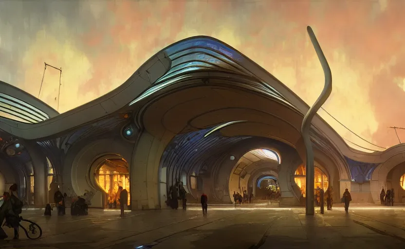 Image similar to exterior shot of utopian train station with cinematic lighting by zaha hadid and renzo piano, darek zabrocki and greg ruthkowski, alphonse mucha, simon stalenhag, cinematic, holy place, paradise, scifi, futurism, atmospheric, sunset, concept art, artstation, trending on artstation