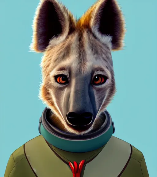 Image similar to digital detailed portrait of anthromorphic female hyena, in style of zootopia, fursona, furry, furaffinity, 4 k, deviantart, wearing astronaut outfit, in style of disney zootopia, floating in space, space background, hyena fursona, cyberpunk, female, detailed face, style of artgerm,