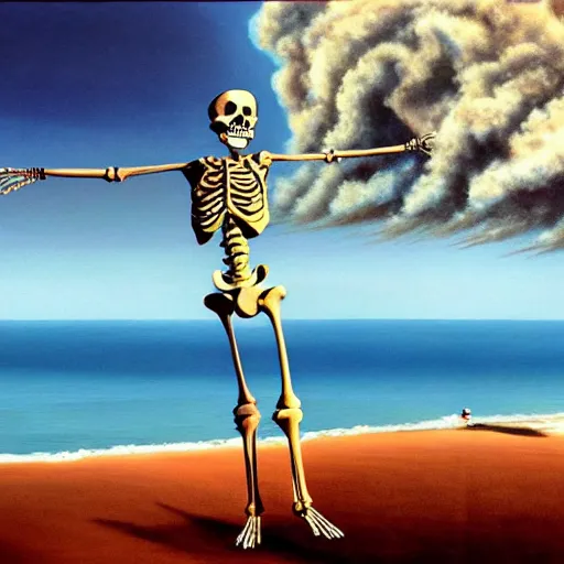 Prompt: a skeleton walking on a beach next to the ocean, nuclear bomb explosion in the background, a surrealist painting by Storm Thorgerson, featured on cg society, matte painting, realistic, chillwave