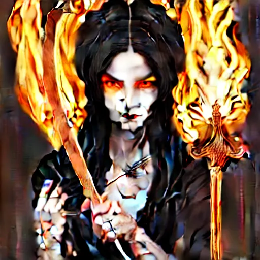Prompt: portrait, woman with black hair called the lady of ash wielding a sword, elegant, digital illustration, fire magic, detailed, intricate, sharp focus, digital painting