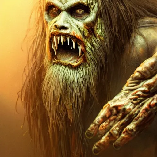 Prompt: by Derek Riggs, angry, glossy, hyperrealistic digital portrait of A zombie bigfoot, D&D, fantasy, intricate, cinematic lighting, highly detailed, digital painting, artstation, concept art, smooth, sharp focus, 8k, illustration, art by Artgerm and Greg Rutkowski