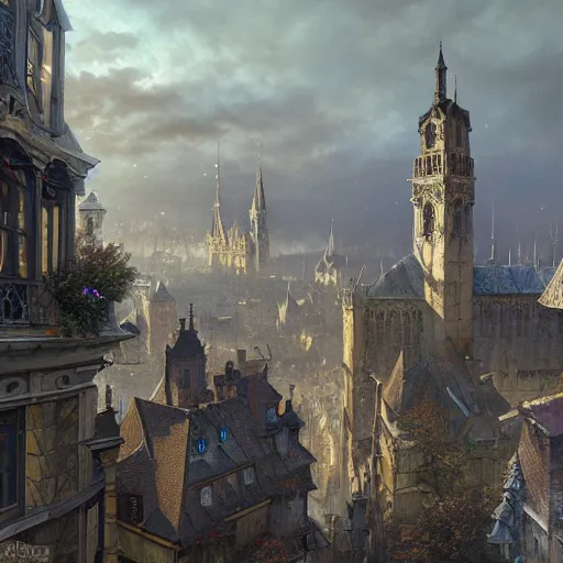 Image similar to an ultra detailed matte painting of the quaint town of galic, grid shaped city cobblestone streets, fantasy city, light snowfall, wind, inspiring gothic architecture, ultrawide lense, aerial photography, unreal engine, exquisite detail, 8 k, art by greg rutkowski and alphonse mucha